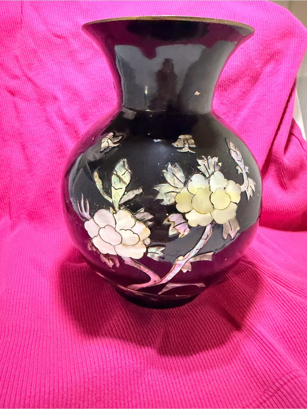 Black Floral Inlay Lacquer Vase AS IS